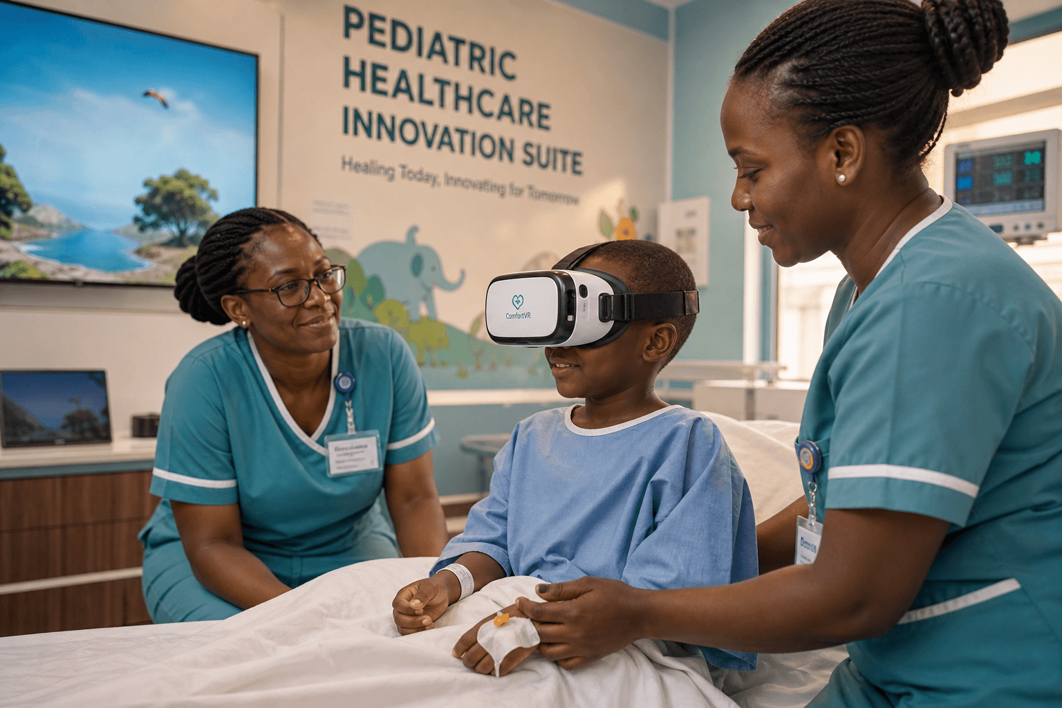 A child experiencing pain-free care through VR distraction technology